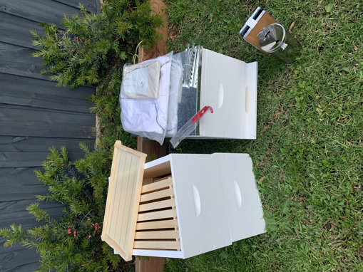 Picture of 8 Frame Established Beehive w/ protective gear + tools and 2 extra supers